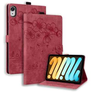 For iPad mini 6 / mini 2024 Cartoon Sakura Cat Embossed Smart Leather Tablet Case(Red)
