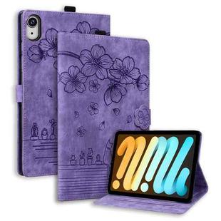 For iPad mini 6 / mini 2024 Cartoon Sakura Cat Embossed Smart Leather Tablet Case(Purple)