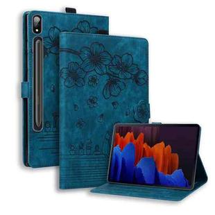 For Samsung Galaxy Tab S9 /S8 /S7 Cartoon Sakura Cat Embossed Smart Leather Tablet Case(Blue)