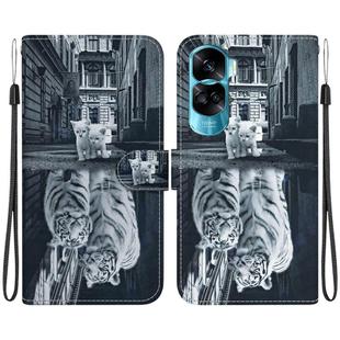 For Honor 90 Lite Crystal Texture Colored Drawing Leather Phone Case(Cat Tiger Reflection)