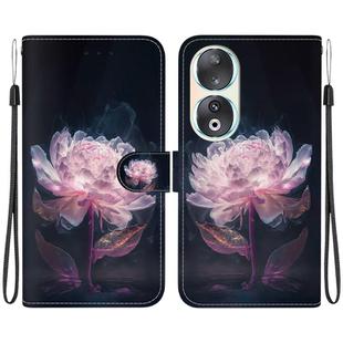 For Honor 90 Crystal Texture Colored Drawing Leather Phone Case(Purple Peony)