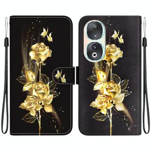 For Honor 90 Crystal Texture Colored Drawing Leather Phone Case(Gold Butterfly Rose)