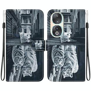 For Honor 90 Crystal Texture Colored Drawing Leather Phone Case(Cat Tiger Reflection)