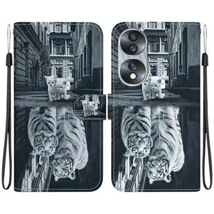 For Honor 70 Crystal Texture Colored Drawing Leather Phone Case(Cat Tiger Reflection)