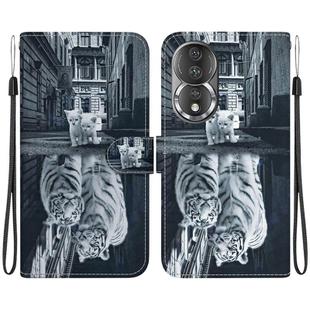 For Honor 80 Crystal Texture Colored Drawing Leather Phone Case(Cat Tiger Reflection)