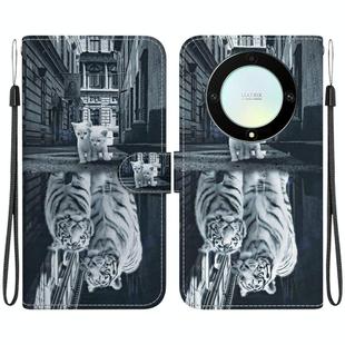 For Honor X9a Crystal Texture Colored Drawing Leather Phone Case(Cat Tiger Reflection)