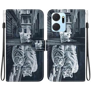 For Honor X7a Crystal Texture Colored Drawing Leather Phone Case(Cat Tiger Reflection)