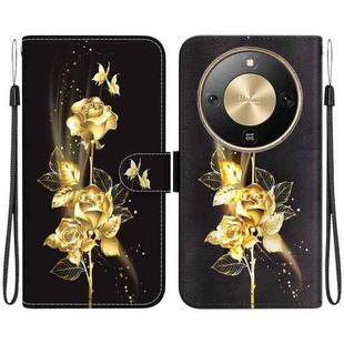 For Honor X70 5G Crystal Texture Colored Drawing Leather Phone Case(Gold Butterfly Rose)