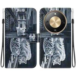 For Honor X70 5G Crystal Texture Colored Drawing Leather Phone Case(Cat Tiger Reflection)