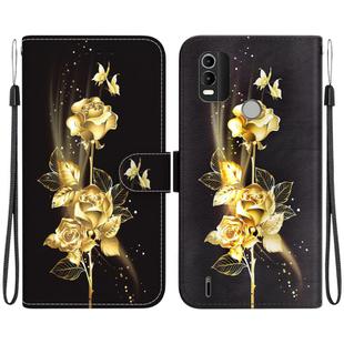 For Nokia C21 Plus Crystal Texture Colored Drawing Leather Phone Case(Gold Butterfly Rose)