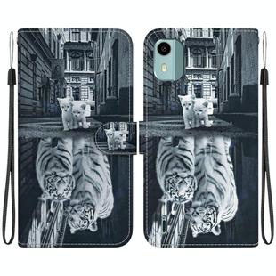 For Nokia C12 Crystal Texture Colored Drawing Leather Phone Case(Cat Tiger Reflection)
