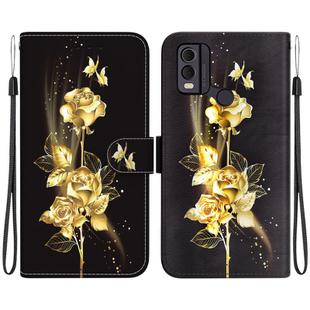For Nokia C22 Crystal Texture Colored Drawing Leather Phone Case(Gold Butterfly Rose)