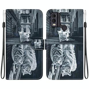 For Nokia C22 Crystal Texture Colored Drawing Leather Phone Case(Cat Tiger Reflection)