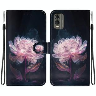 For Nokia C32 Crystal Texture Colored Drawing Leather Phone Case(Purple Peony)