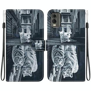 For Nokia C32 Crystal Texture Colored Drawing Leather Phone Case(Cat Tiger Reflection)