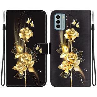 For Nokia G22 Crystal Texture Colored Drawing Leather Phone Case(Gold Butterfly Rose)