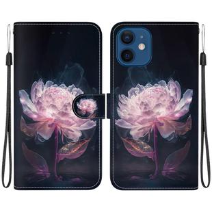 For iPhone 12 mini Crystal Texture Colored Drawing Leather Phone Case(Purple Peony)