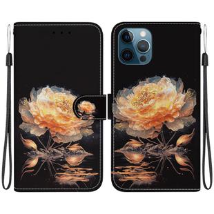 For iPhone 12 Pro Max Crystal Texture Colored Drawing Leather Phone Case(Gold Peony)