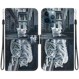 For iPhone 12 Pro Max Crystal Texture Colored Drawing Leather Phone Case(Cat Tiger Reflection)