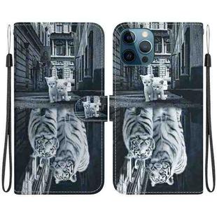 For iPhone 12 / 12 Pro Crystal Texture Colored Drawing Leather Phone Case(Cat Tiger Reflection)