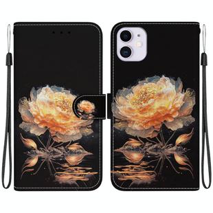 For iPhone 11 Crystal Texture Colored Drawing Leather Phone Case(Gold Peony)