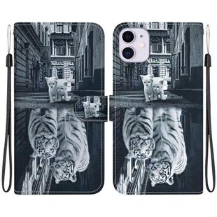 For iPhone 11 Crystal Texture Colored Drawing Leather Phone Case(Cat Tiger Reflection)