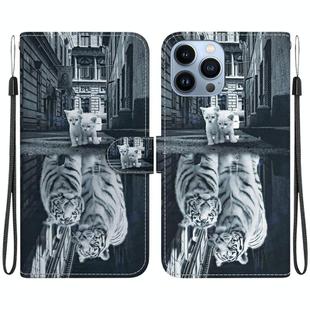 For iPhone 13 Pro Max Crystal Texture Colored Drawing Leather Phone Case(Cat Tiger Reflection)