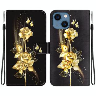 For iPhone 14 Crystal Texture Colored Drawing Leather Phone Case(Gold Butterfly Rose)