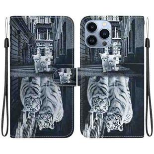 For iPhone 14 Pro Max Crystal Texture Colored Drawing Leather Phone Case(Cat Tiger Reflection)