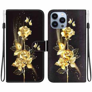 For iPhone 14 Pro Crystal Texture Colored Drawing Leather Phone Case(Gold Butterfly Rose)