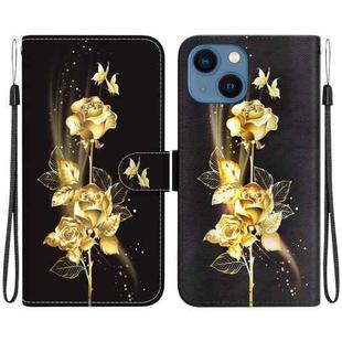 For iPhone 15 Crystal Texture Colored Drawing Leather Phone Case(Gold Butterfly Rose)