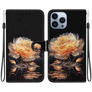 For iPhone 15 Pro Crystal Texture Colored Drawing Leather Phone Case(Gold Peony)