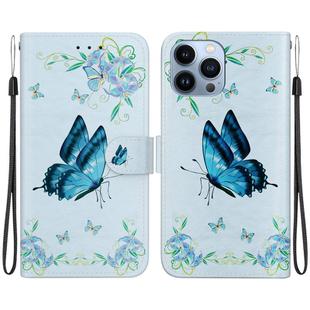 For iPhone 15 Pro Crystal Texture Colored Drawing Leather Phone Case(Blue Pansies)