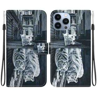 For iPhone 15 Pro Max Crystal Texture Colored Drawing Leather Phone Case(Cat Tiger Reflection)