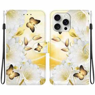 For iPhone 16 Pro Crystal Texture Colored Drawing Leather Phone Case(Gold Butterfly Epiphyllum)