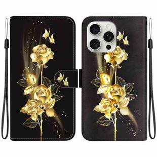 For iPhone 16 Pro Max Crystal Texture Colored Drawing Leather Phone Case(Gold Butterfly Rose)