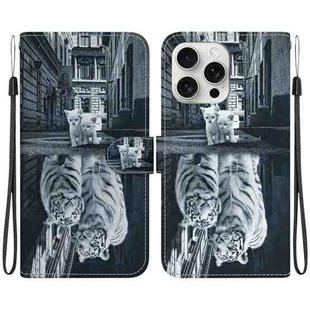 For iPhone 16 Pro Max Crystal Texture Colored Drawing Leather Phone Case(Cat Tiger Reflection)