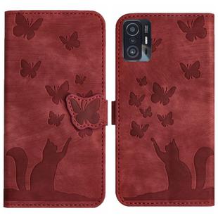 For Xiaomi 11T Pro Butterfly Cat Embossing Flip Leather Phone Case(Red)