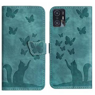 For Xiaomi 11T Pro Butterfly Cat Embossing Flip Leather Phone Case(Wathet)