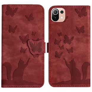 For Xiaomi Mi 11 Lite Butterfly Cat Embossing Flip Leather Phone Case(Red)