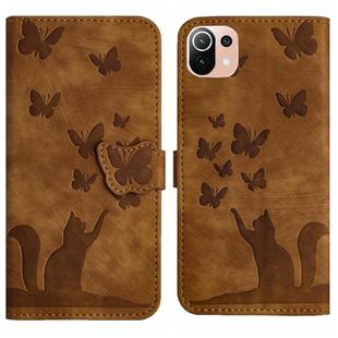 For Xiaomi Mi 11 Lite Butterfly Cat Embossing Flip Leather Phone Case(Brown)