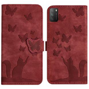 For Xiaomi Poco M3/Redmi Note 9 4G Butterfly Cat Embossing Flip Leather Phone Case(Red)