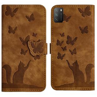 For Xiaomi Poco M3/Redmi Note 9 4G Butterfly Cat Embossing Flip Leather Phone Case(Brown)