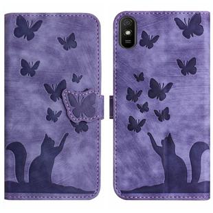 For Xiaomi Redmi 9A Butterfly Cat Embossing Flip Leather Phone Case(Purple)