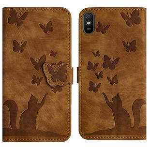 For Xiaomi Redmi 9A Butterfly Cat Embossing Flip Leather Phone Case(Brown)