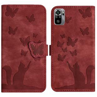 For Xiaomi Redmi Note 10 / 10S Butterfly Cat Embossing Flip Leather Phone Case(Red)