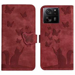 For Xiaomi 13T / 13T Pro 5G Butterfly Cat Embossing Flip Leather Phone Case(Red)