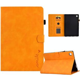 For Samsung Galaxy Tab A9+ Embossed Smile Flip Smart Leather Tablet Case(Khaki)