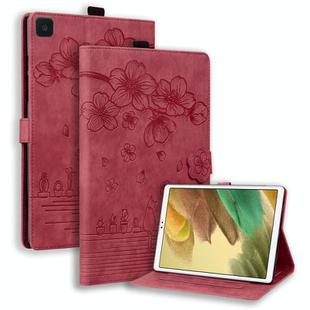 For Samsung Galaxy Tab A7 Lite Cartoon Sakura Cat Embossed Leather Tablet Case(Red)