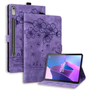 For Lenovo Tab P12 12.7 Cartoon Sakura Cat Embossed Leather Tablet Case(Purple)